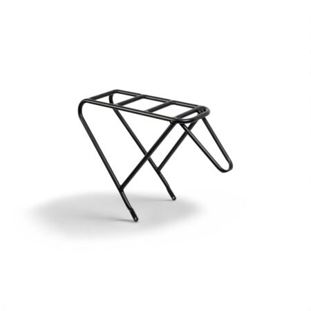 A black metal bicycle rack with a simple, tubular frame design, featuring horizontal bars on top for holding items and a triangular shape created by the angled supports beneath.