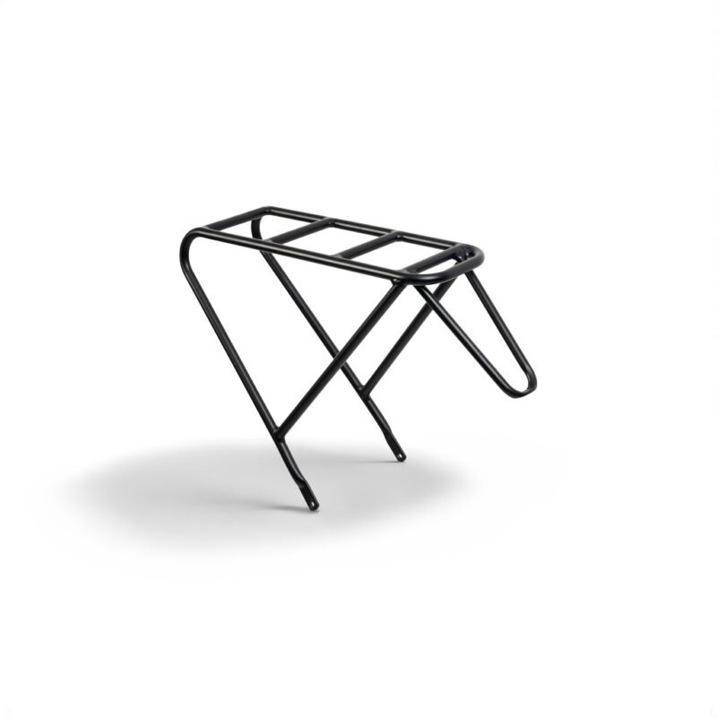 A black metal bicycle rack with a simple, tubular frame design, featuring horizontal bars on top for holding items and a triangular shape created by the angled supports beneath.