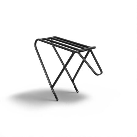 A minimalist black metal stool with four legs and a slatted top, designed for simple and functional use, against a white background.