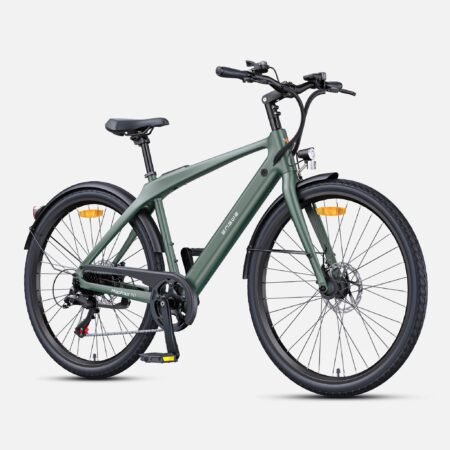 A modern matte green electric bike with a sleek design, featuring a sturdy frame, black fenders, and disk brakes on both wheels.