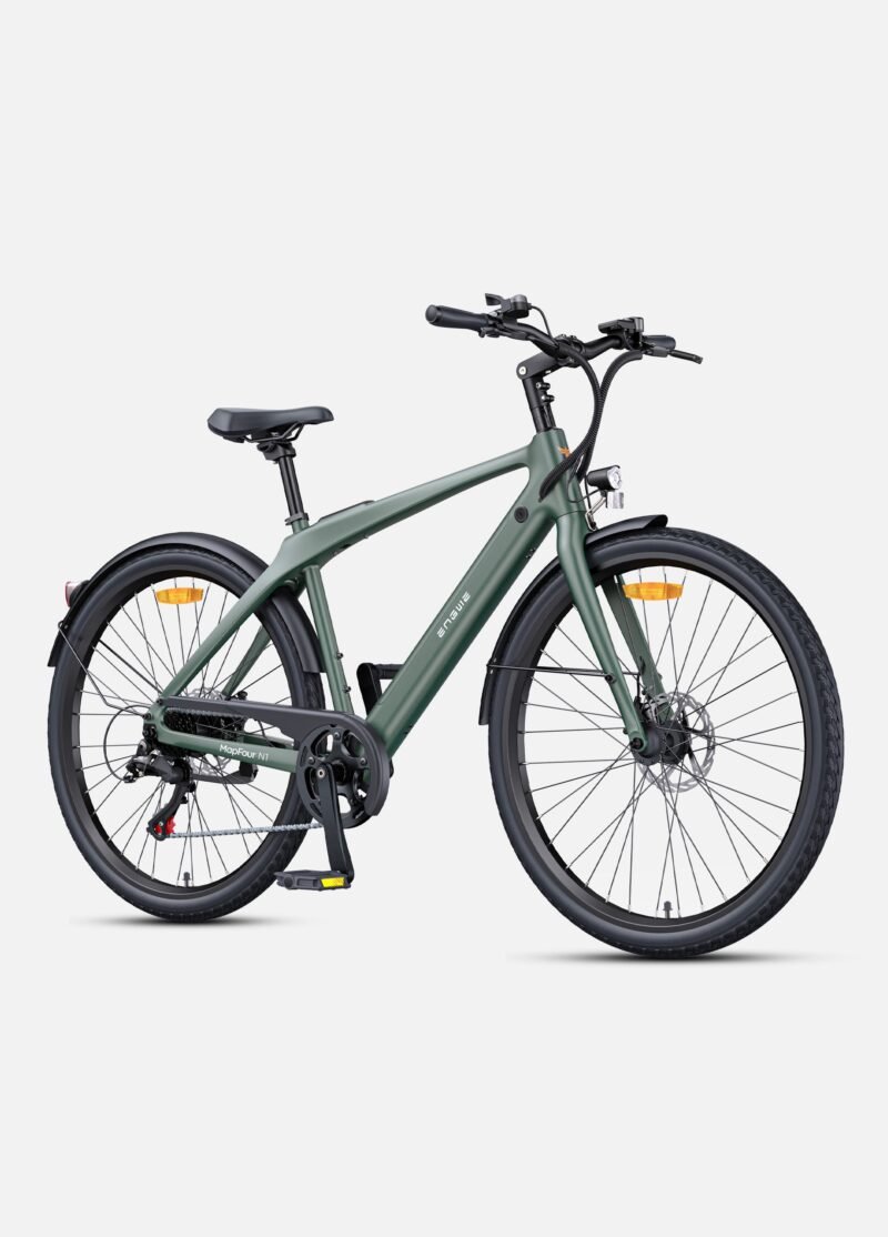 A modern matte green electric bike with a sleek design, featuring a sturdy frame, black fenders, and disk brakes on both wheels.