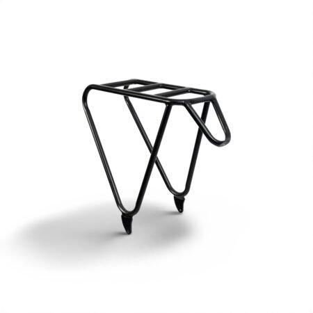 A modern black metal bike rack with a triangular shape and a flat platform on top, designed for carrying cargo, positioned against a white background.