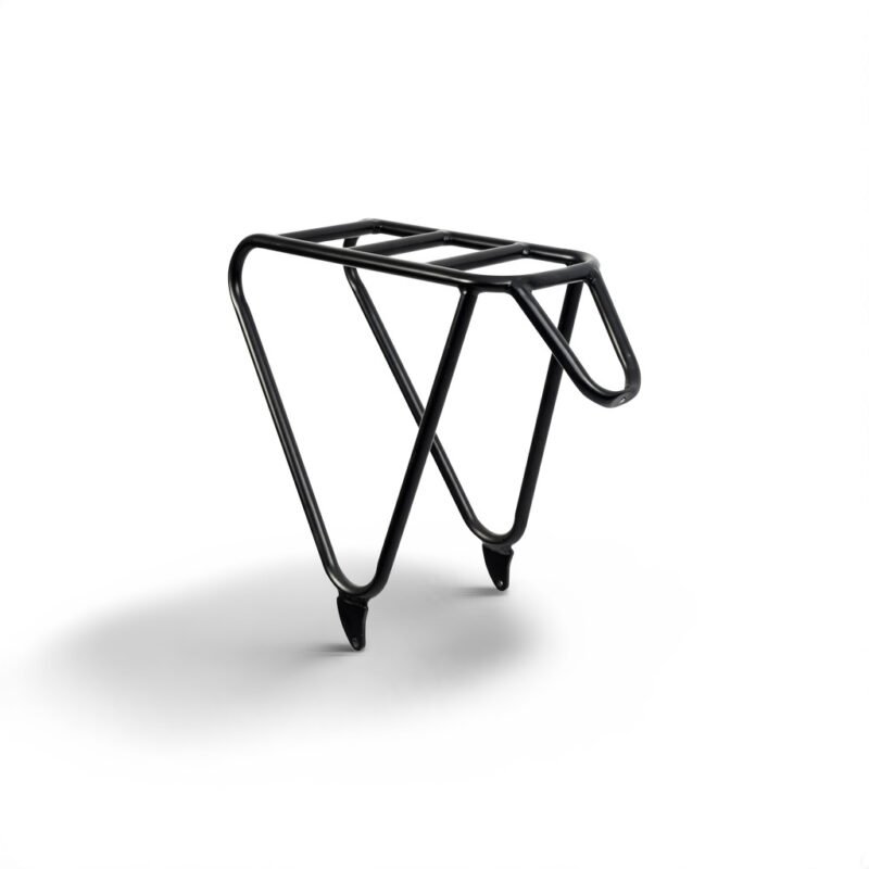 A modern black metal bike rack with a triangular shape and a flat platform on top, designed for carrying cargo, positioned against a white background.