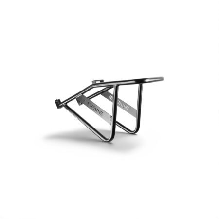 A black metal bicycle rack with a minimalistic design, angled to display its structure, featuring a sleek finish and a silver accent with the brand name engraved.