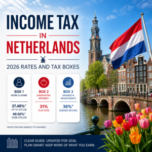 2026 Netherlands income tax rates and tax boxes infographic with Amsterdam canal houses and tulips