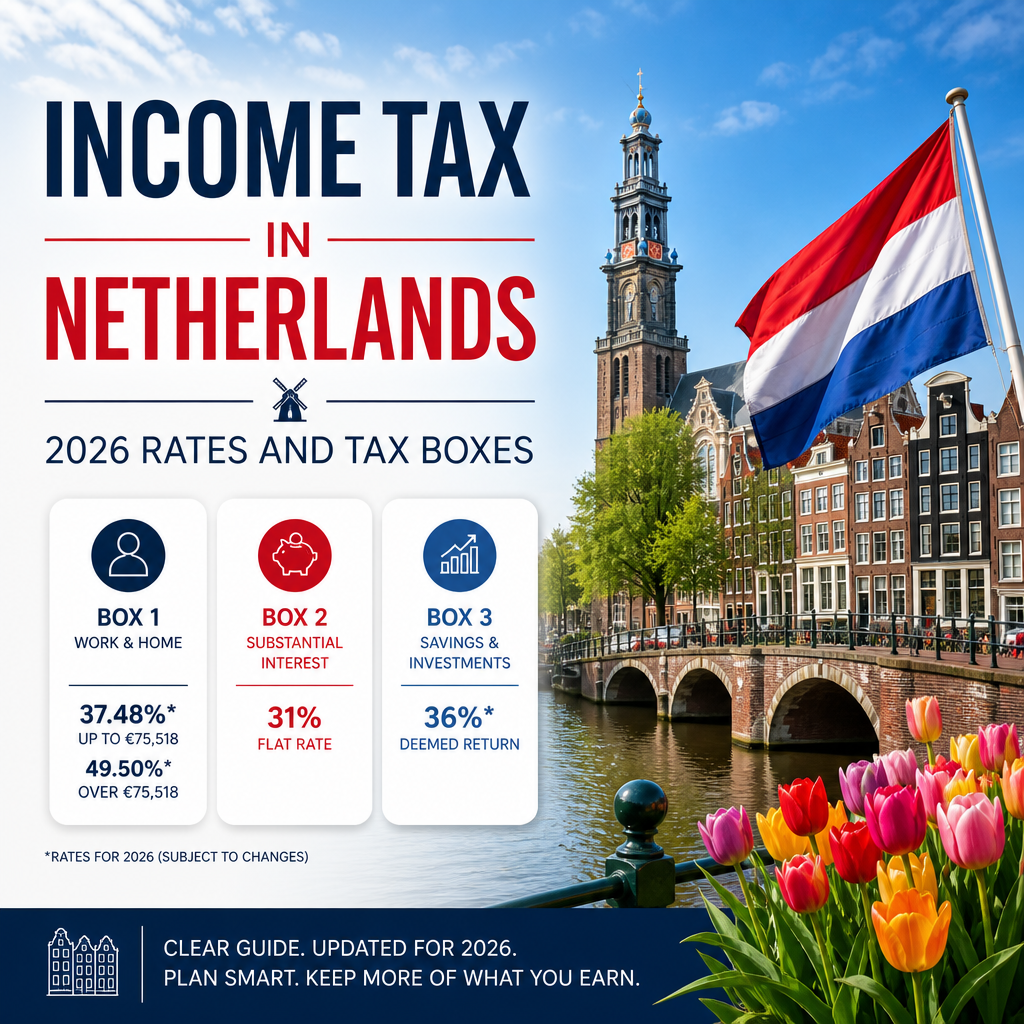 2026 Netherlands income tax rates and tax boxes infographic with Amsterdam canal houses and tulips