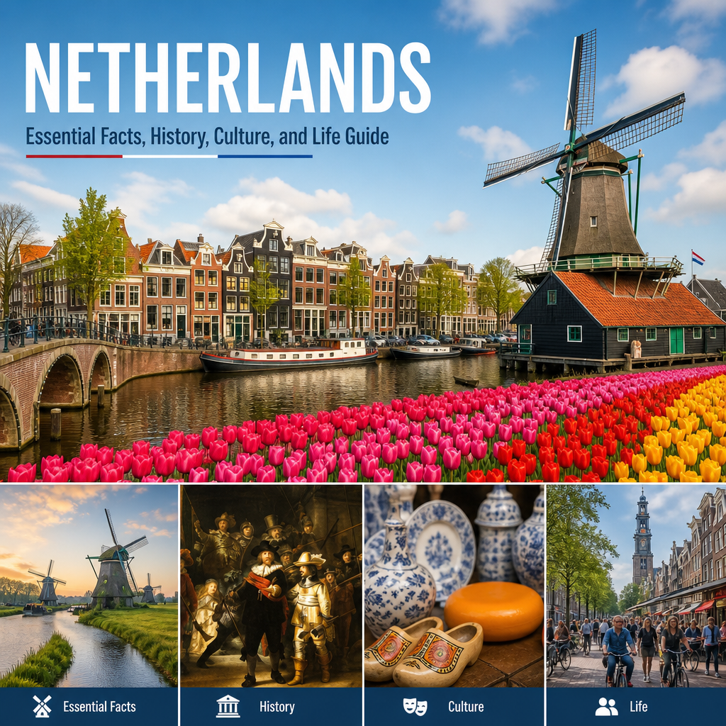 Vibrant Netherlands collage with Amsterdam canals, windmills, tulip fields, historic buildings, and Dutch cultural highlights