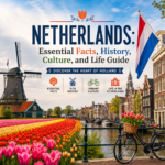 Colorful Dutch tulip fields with a canal, windmill, bicycle, and Amsterdam skyline.
