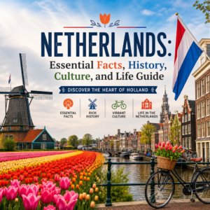 Colorful Dutch tulip fields with a canal, windmill, bicycle, and Amsterdam skyline.