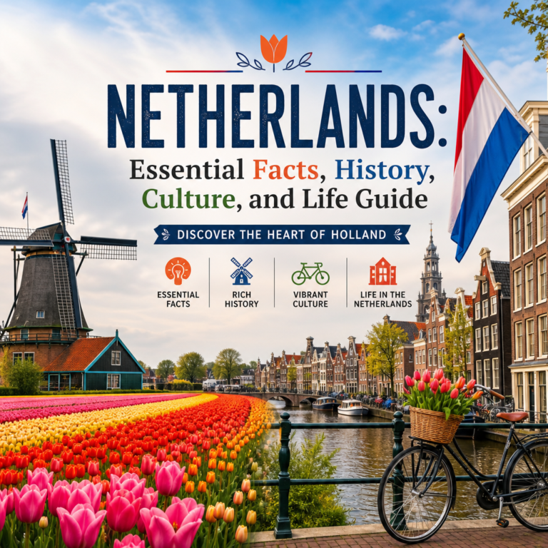 Colorful Dutch tulip fields with a canal, windmill, bicycle, and Amsterdam skyline.