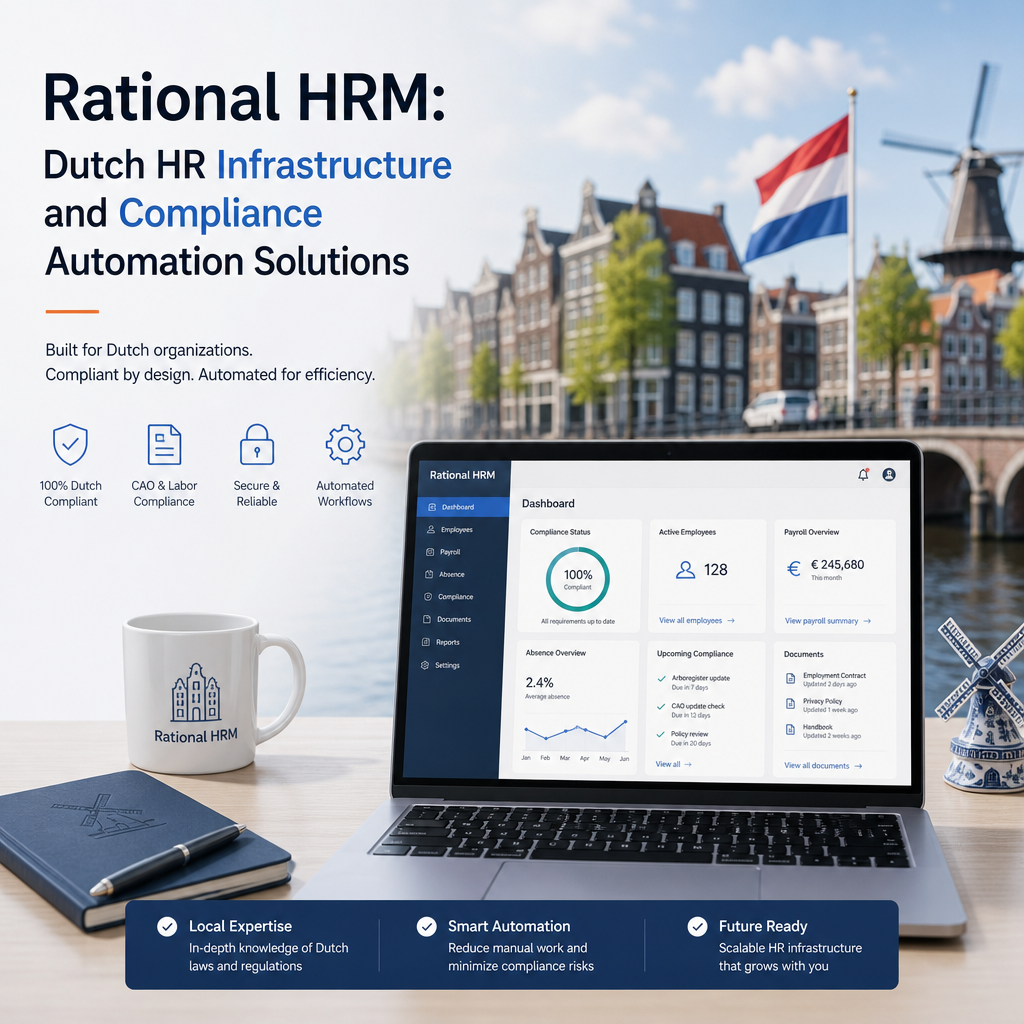 Rational HRM Dutch HR compliance automation dashboard on a laptop beside a coffee mug and notebook.