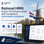 Rational HRM Dutch HR compliance platform on a laptop beside Amsterdam canal houses and a windmill.