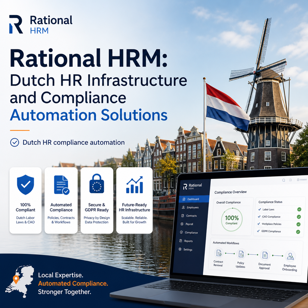 Rational HRM Dutch HR compliance automation platform on a laptop beside Amsterdam canal houses and a windmill.